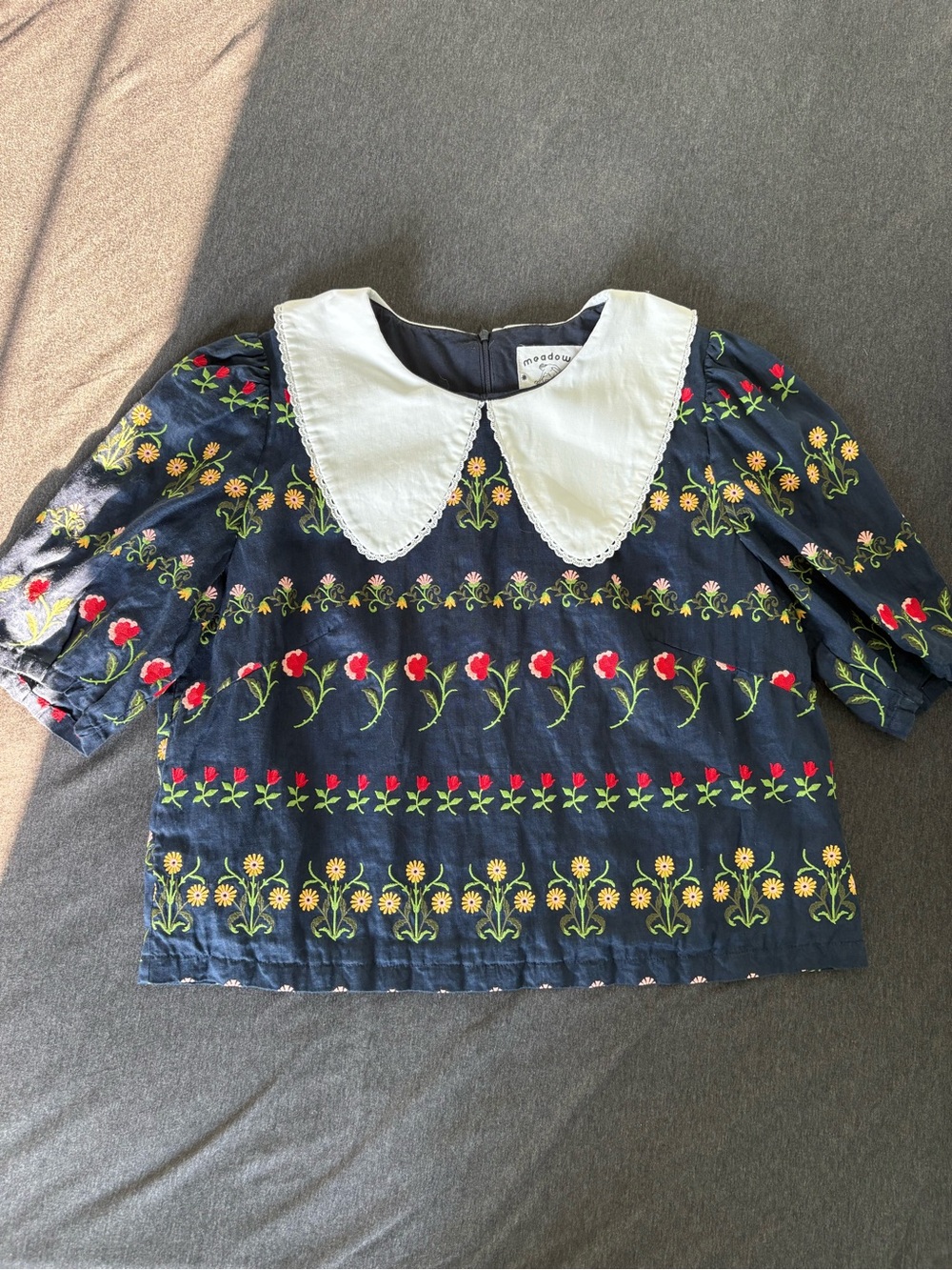 Meadows Hawthorn Navy Linen Blouse Flower Stripe Embroidery Cottagecore Prairie